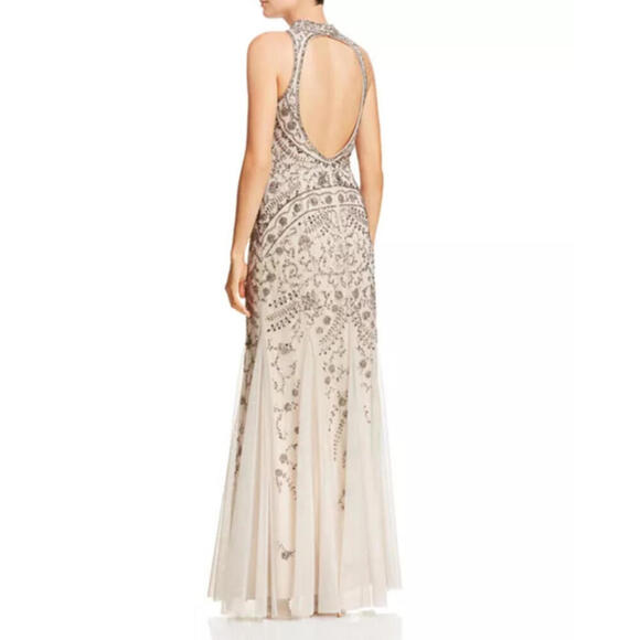 Aidan Mattox Beaded Mesh Godet Gown 8 NEW Blush Champagne Mock Neck Open Back - Picture 2 of 15
